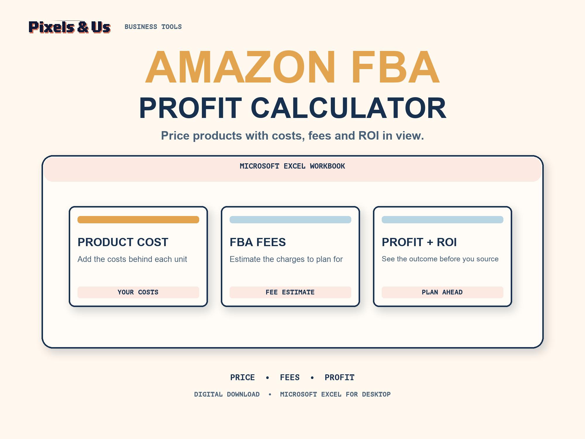 Amazon FBA profit calculator Excel workbook preview with product cost, fee estimate and ROI planning views