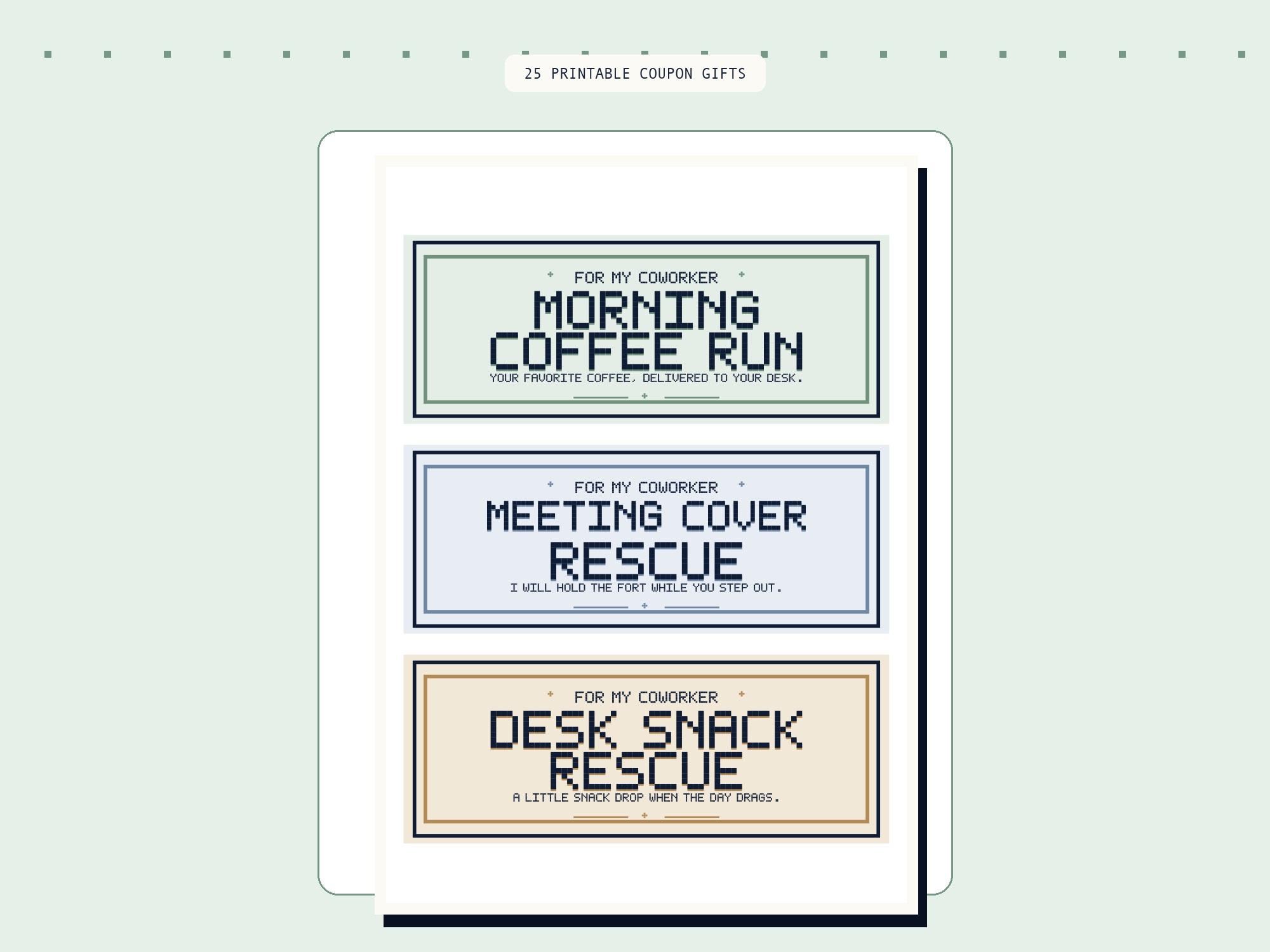 Printable coworker coupon book with 25 office gift vouchers on A4 pages