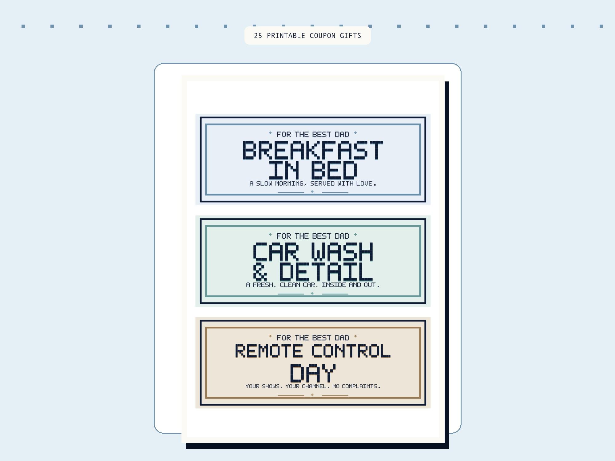 Printable Dad coupon book with 25 gift vouchers on A4 pages