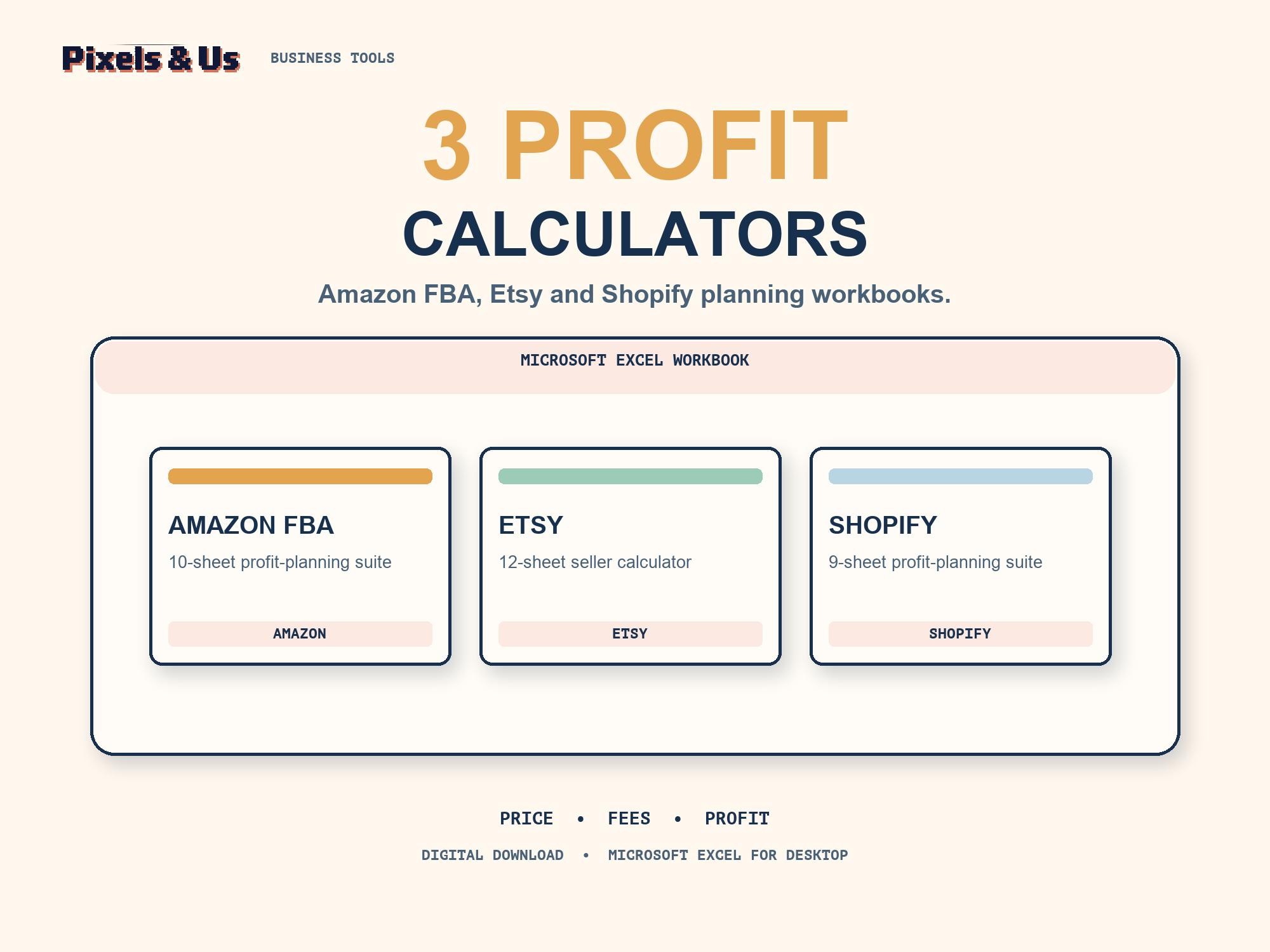 Ecommerce profit calculator bundle with Amazon FBA, Etsy and Shopify Excel workbooks
