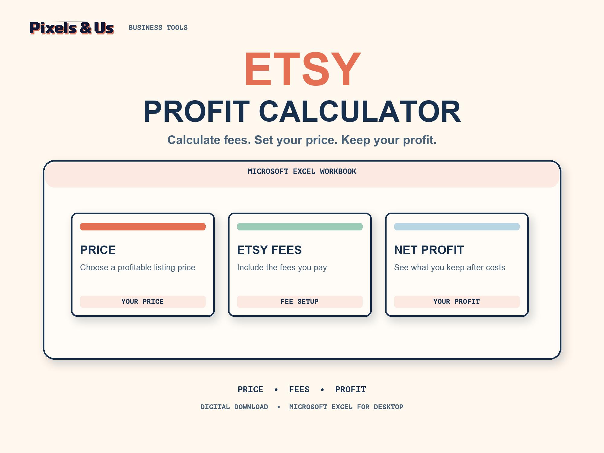 Etsy profit calculator Excel workbook preview with pricing, fees, margin and sales planning sheets