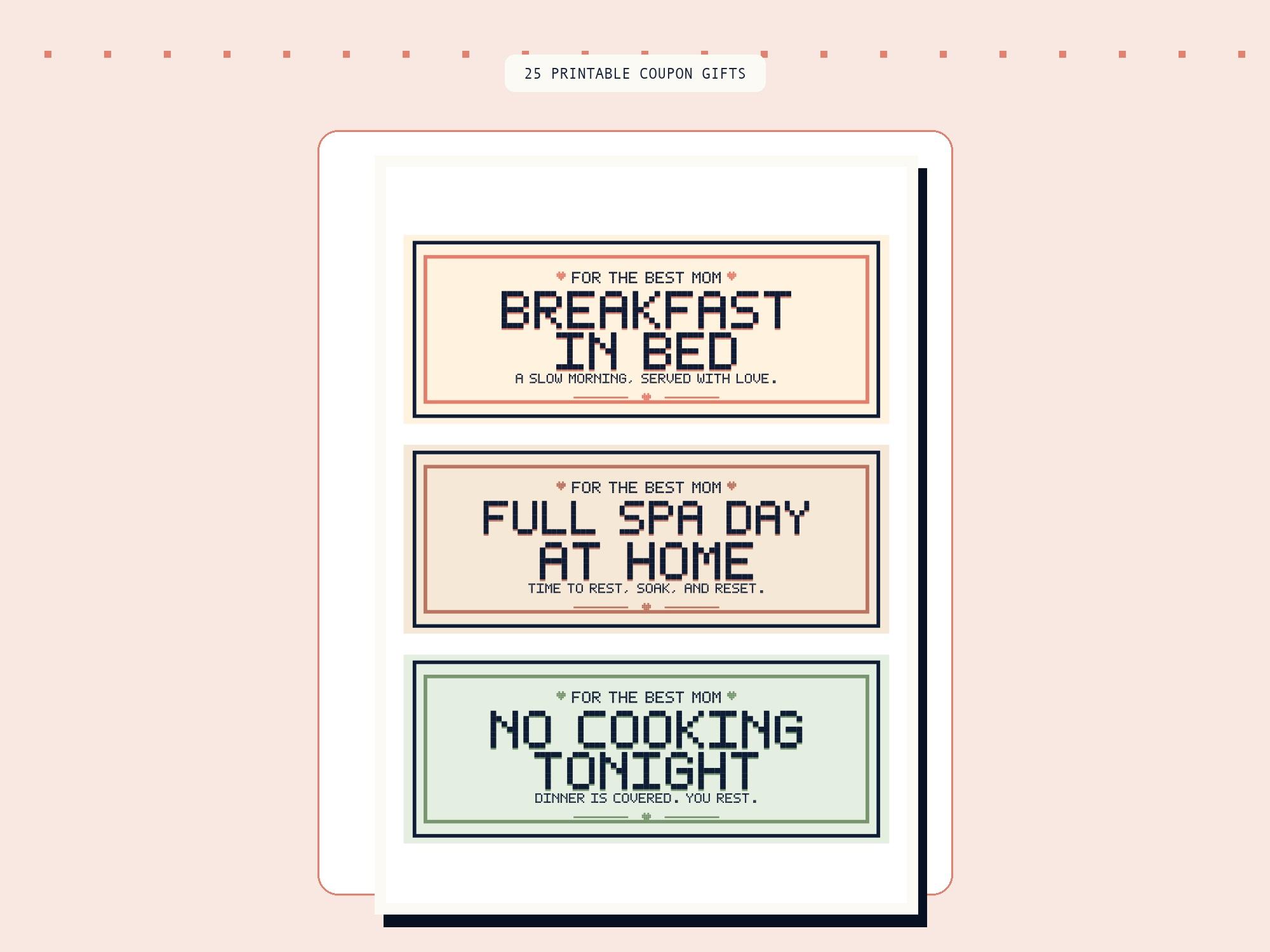 Printable Mom coupon book with 25 gift vouchers on A4 pages