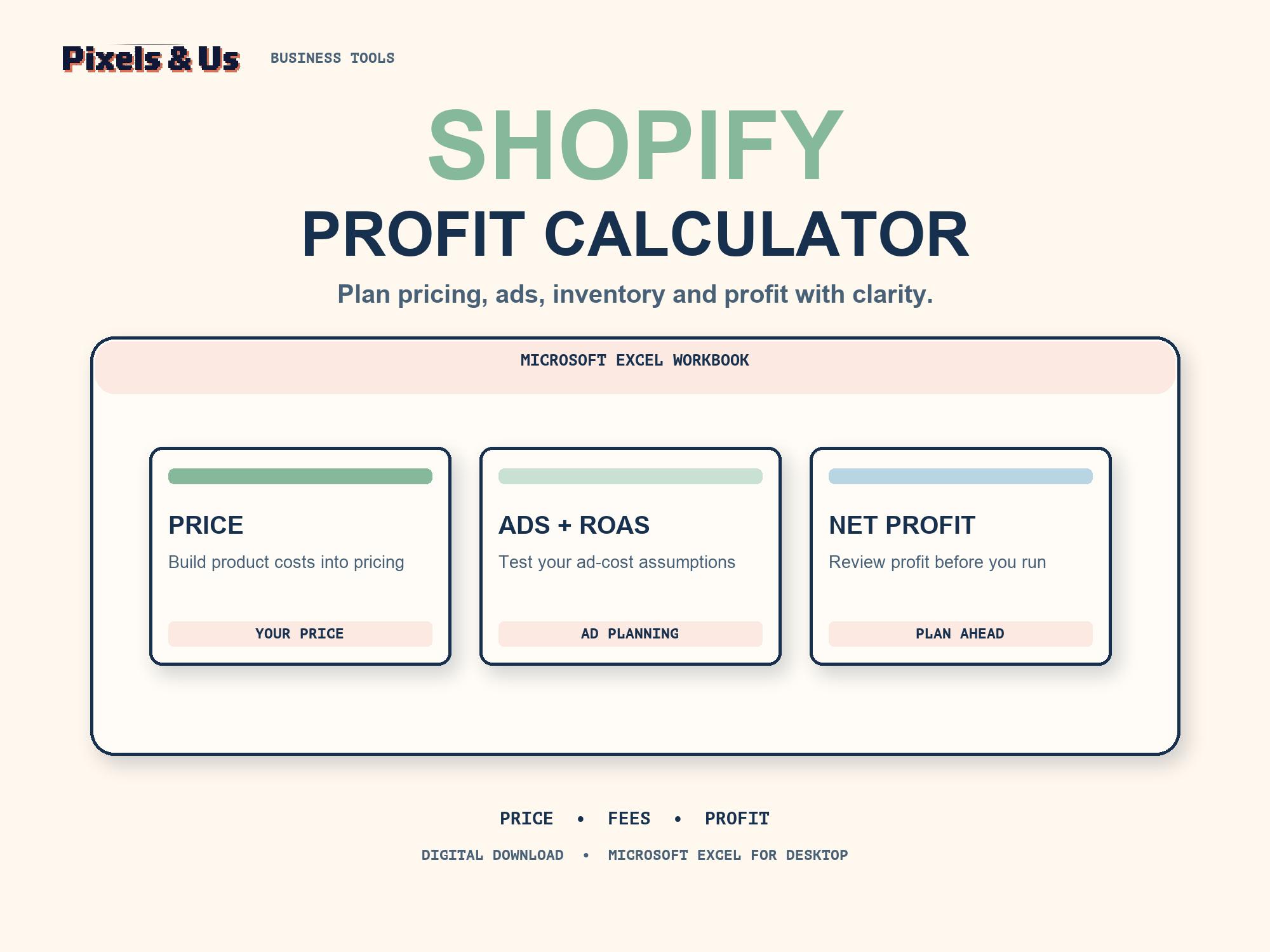 Shopify profit calculator Excel workbook preview with ROAS, break-even and pricing planning views